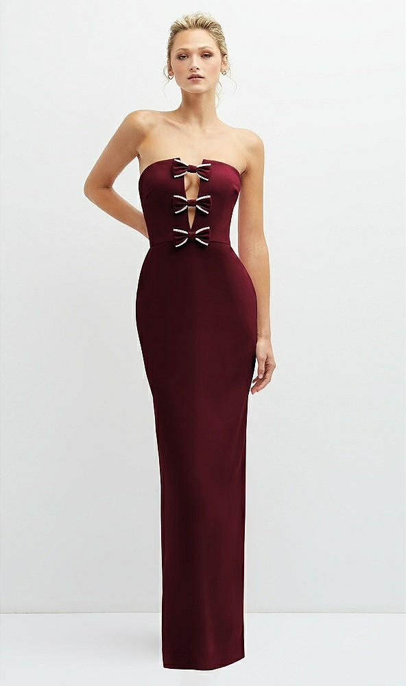 Front View - Cabernet Rhinestone Bow Trimmed Peek-a-Boo Deep-V Maxi Dress with Pencil Skirt