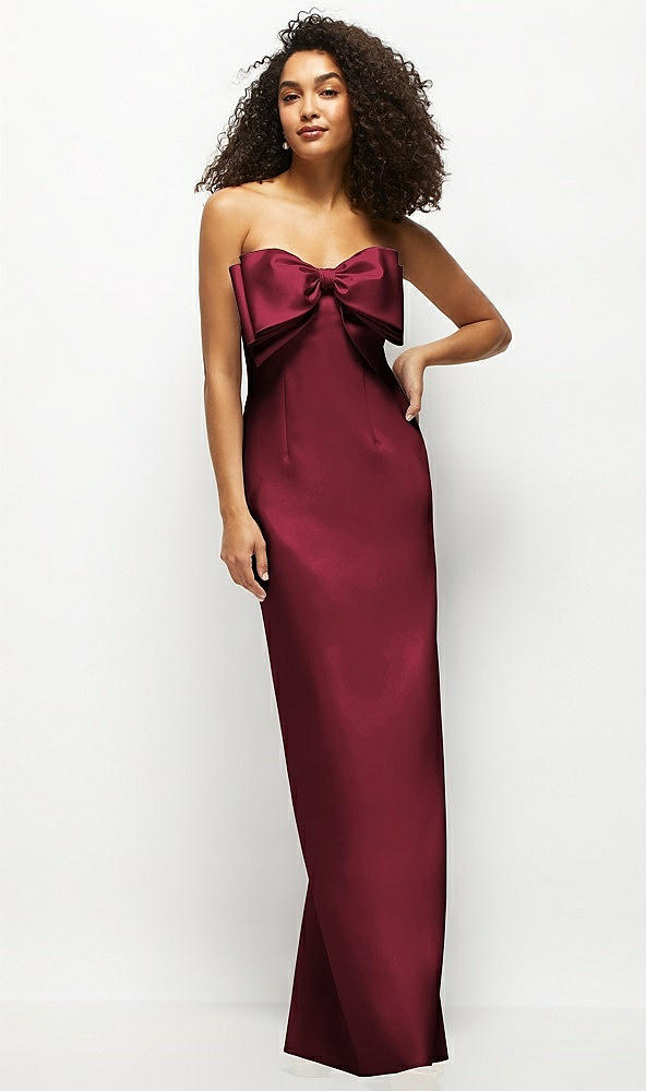 Front View - Cabernet Strapless Satin Column Maxi Dress with Oversized Handcrafted Bow