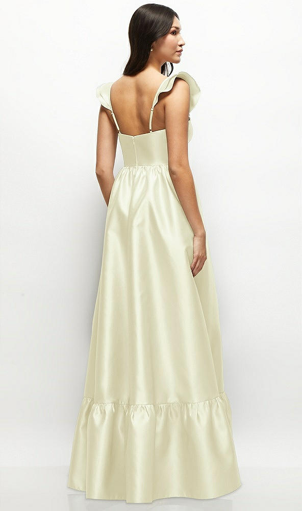 Back View - Butter Yellow Satin Corset Maxi Dress with Ruffle Straps & Skirt