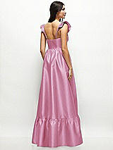 Rear View Thumbnail - Powder Pink Satin Corset Maxi Dress with Ruffle Straps & Skirt