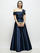 Alt View 1 Thumbnail - Midnight Navy Asymmetrical Bow Off-Shoulder Satin Gown with Ballroom Skirt