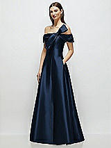 Alt View 3 Thumbnail - Midnight Navy Asymmetrical Bow Off-Shoulder Satin Gown with Ballroom Skirt