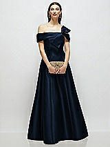 Front View Thumbnail - Midnight Navy Asymmetrical Bow Off-Shoulder Satin Gown with Ballroom Skirt