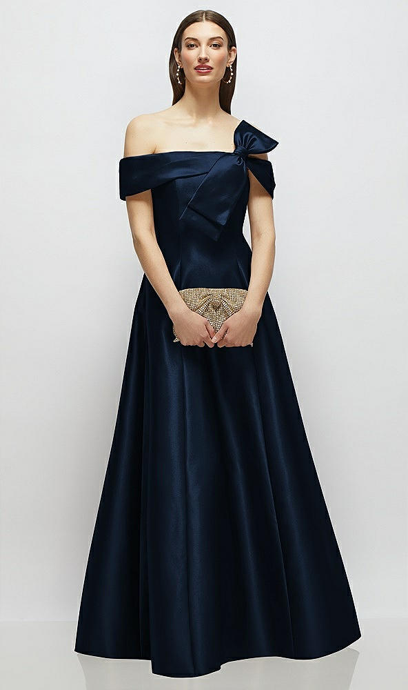 Front View - Midnight Navy Asymmetrical Bow Off-Shoulder Satin Gown with Ballroom Skirt