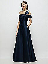 Side View Thumbnail - Midnight Navy Asymmetrical Bow Off-Shoulder Satin Gown with Ballroom Skirt