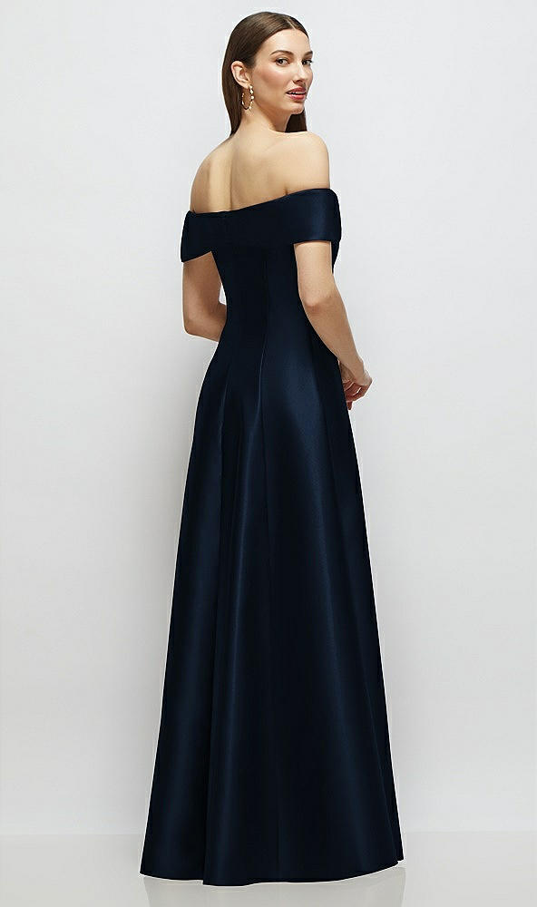 Back View - Midnight Navy Asymmetrical Bow Off-Shoulder Satin Gown with Ballroom Skirt