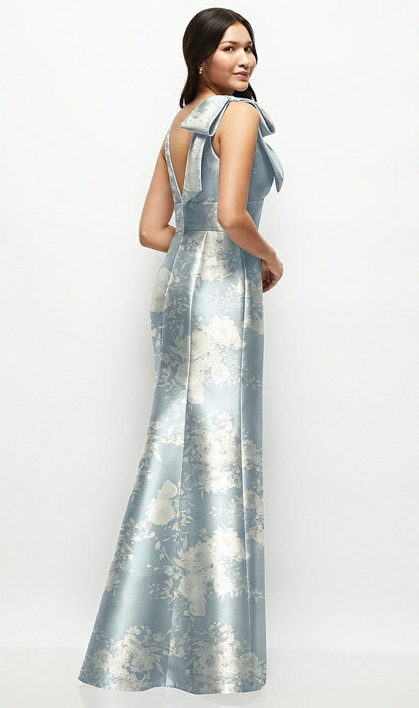 Back View - Porcelain Blue Seraphina Floral Deep V-back Floral Satin Trumpet Dress with One-Shoulder Cascading Bow