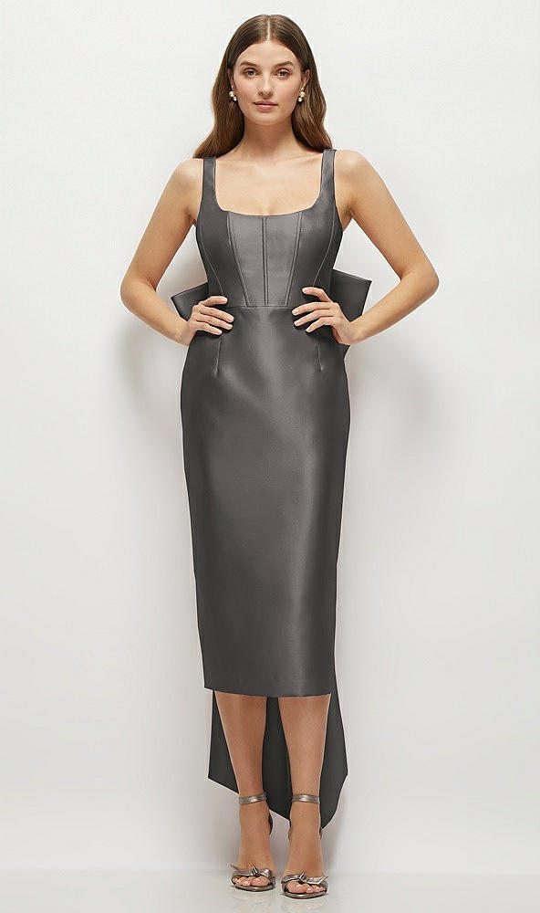 Front View - Caviar Gray Scoop Neck Corset Satin Midi Dress with Floor-Length Bow Tails