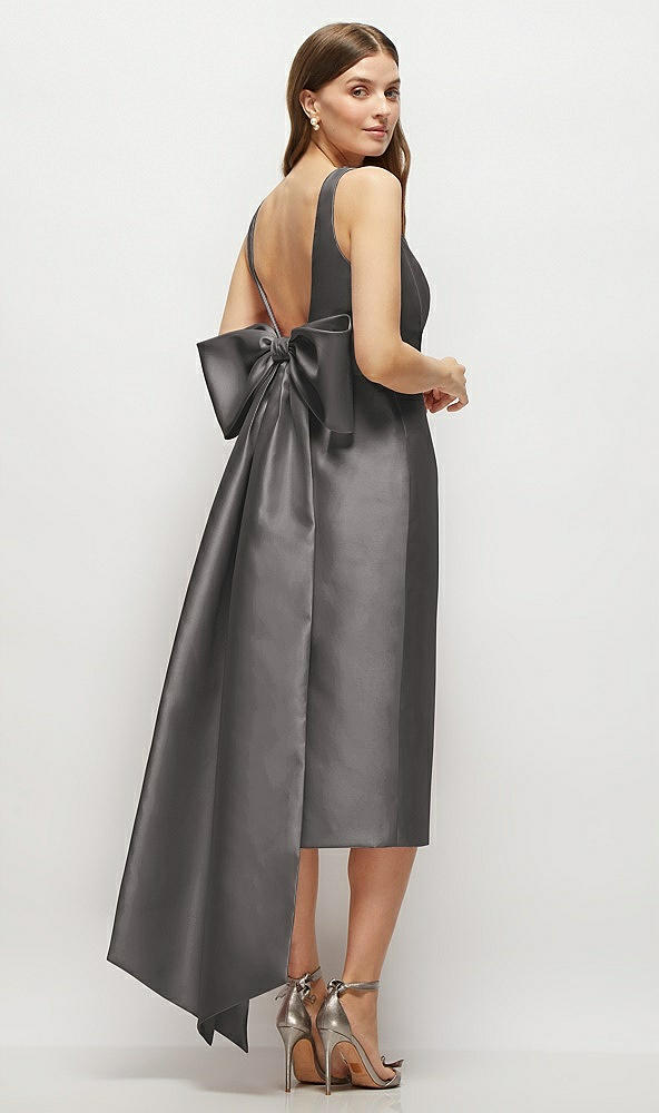 Back View - Caviar Gray Scoop Neck Corset Satin Midi Dress with Floor-Length Bow Tails