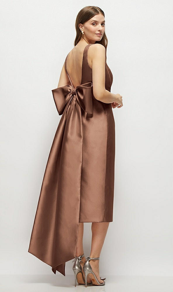 Back View - Cognac Scoop Neck Corset Satin Midi Dress with Floor-Length Bow Tails