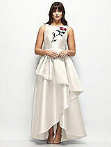 Side View Thumbnail - Ivory Beaded Floral Bodice Satin Maxi Dress with Layered Ballgown Skirt