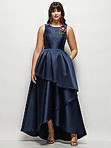 Side View Thumbnail - Midnight Navy Beaded Floral Bodice Satin Maxi Dress with Layered Ballgown Skirt