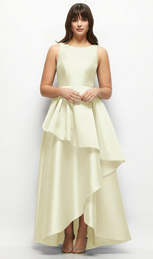Front View - Butter Yellow Satin Maxi Dress with Asymmetrical Layered Ballgown Skirt