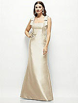 Front View Thumbnail - Champagne Satin Fit and Flare Maxi Dress with Shoulder Bows