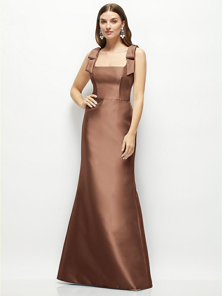 Satin Square Neck Fit And Flare Maxi Bridesmaid Dress In Cognac 