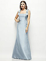 Front View Thumbnail - Mist Satin Fit and Flare Maxi Dress with Shoulder Bows