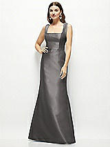 Front View Thumbnail - Caviar Gray Satin Square Neck Fit and Flare Maxi Dress