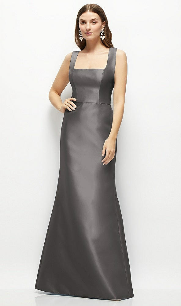 Front View - Caviar Gray Satin Square Neck Fit and Flare Maxi Dress