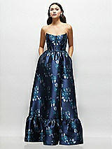 Front View Thumbnail - Midnight Navy Damask Navy Rose Damask Strapless Cat-Eye Bodice Maxi Dress with Ruffle Hem