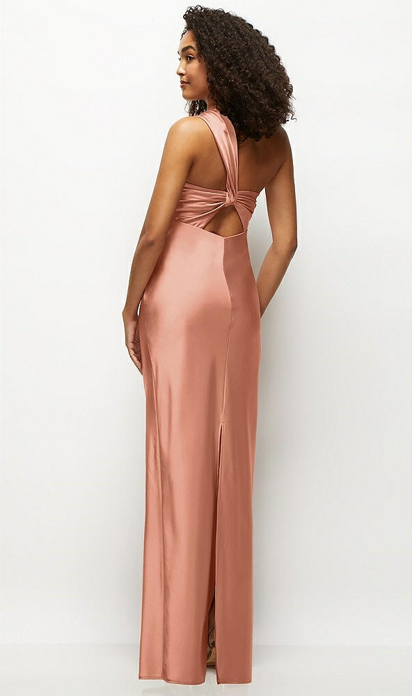 Back View - Copper Penny Satin Twist Bandeau One-Shoulder Bias Maxi Dress