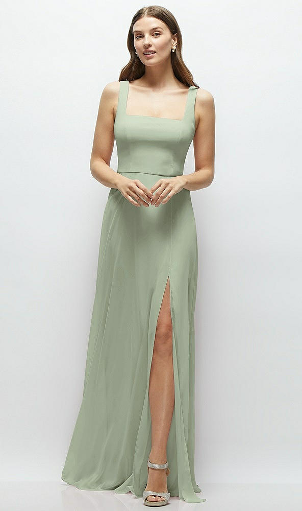 Front View - Sage Square Neck Chiffon Maxi Dress with Circle Skirt