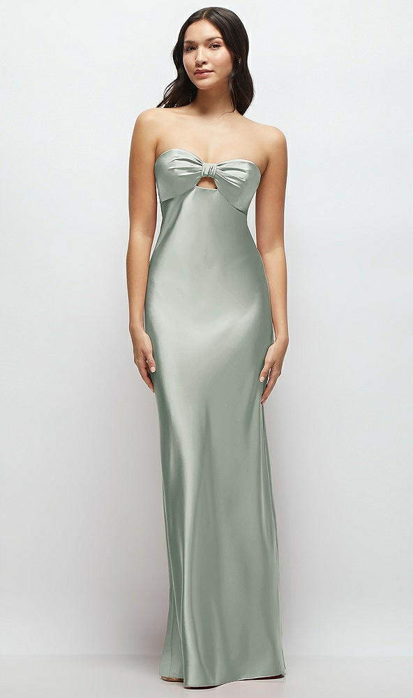 Front View - Willow Green Strapless Bow-Bandeau Cutout Satin Maxi Slip Dress