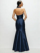 Rear View Thumbnail - Midnight Navy High-Neck Halter Open-Back Satin Trumpet Dress 