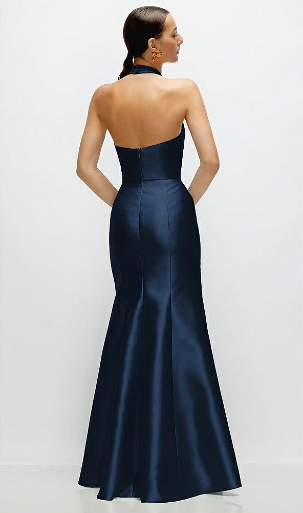 Back View - Midnight Navy High-Neck Halter Open-Back Satin Trumpet Dress 