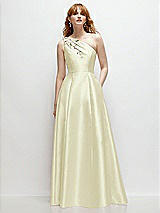 Front View Thumbnail - Butter Yellow One-Shoulder Full A-Line Satin Gown with Handworked Floral Appliqué