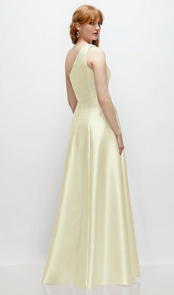 Back View - Butter Yellow One-Shoulder Full A-Line Satin Gown with Handworked Floral Appliqué