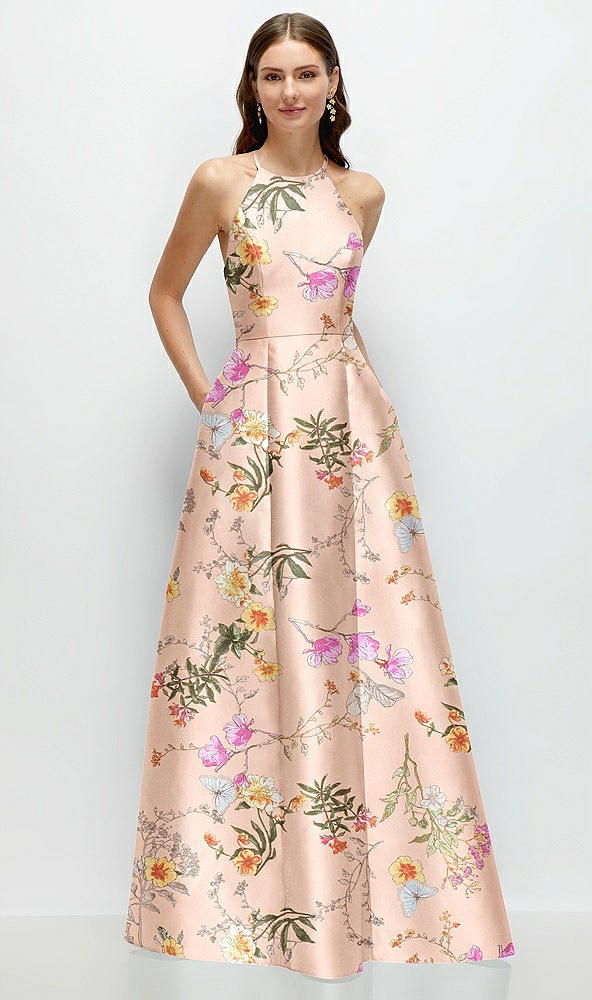 Front View - Butterfly Botanica Pink Sand Jewel Neck Halter Full A-Line Satin Floral Maxi Dress