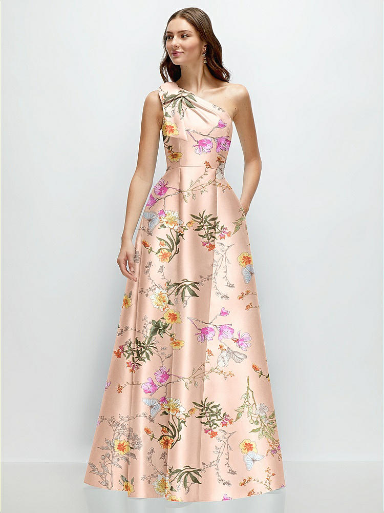 Jewel Neck Halter Full A-line Satin Floral Maxi Bridesmaid