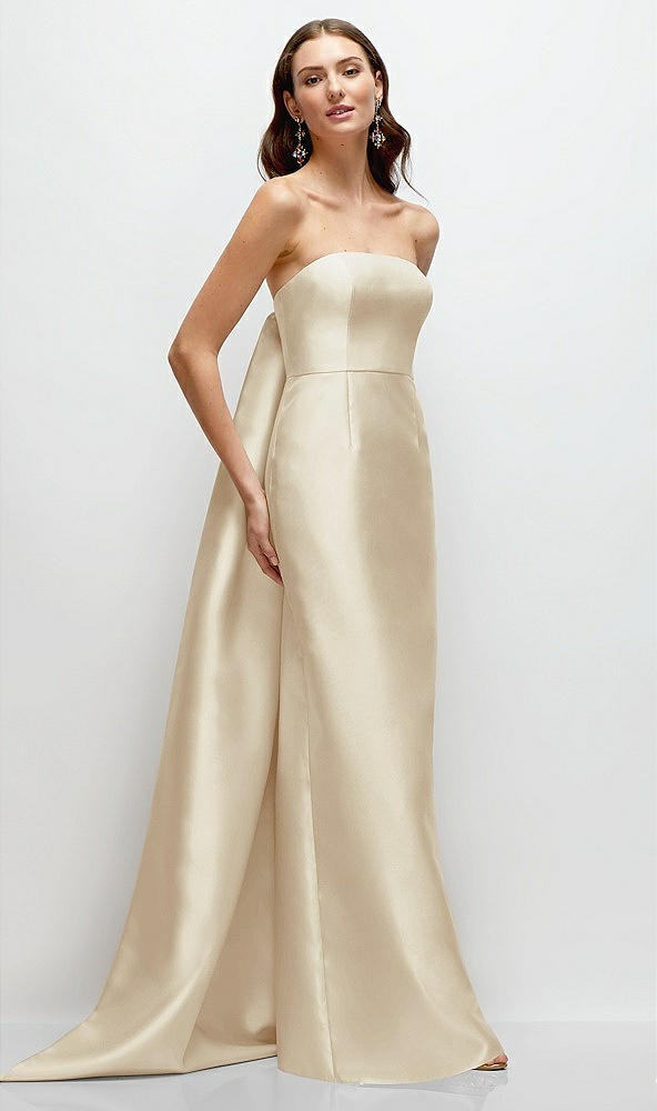 Front View - Champagne Strapless Satin Column Dress with Removeable Watteau Train