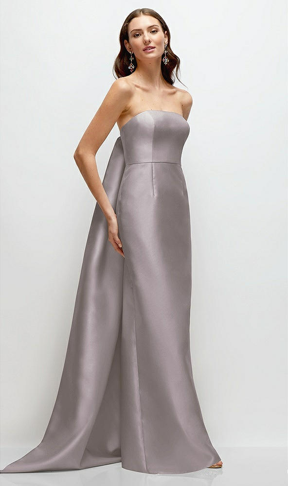 Front View - Cashmere Gray Strapless Satin Column Dress with Removeable Watteau Train