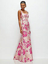 Side View Thumbnail - Hibiscus Pink Multi Hibiscus Pink Floral Jacquard Square Neck Maxi Dress with Trumpet Skirt