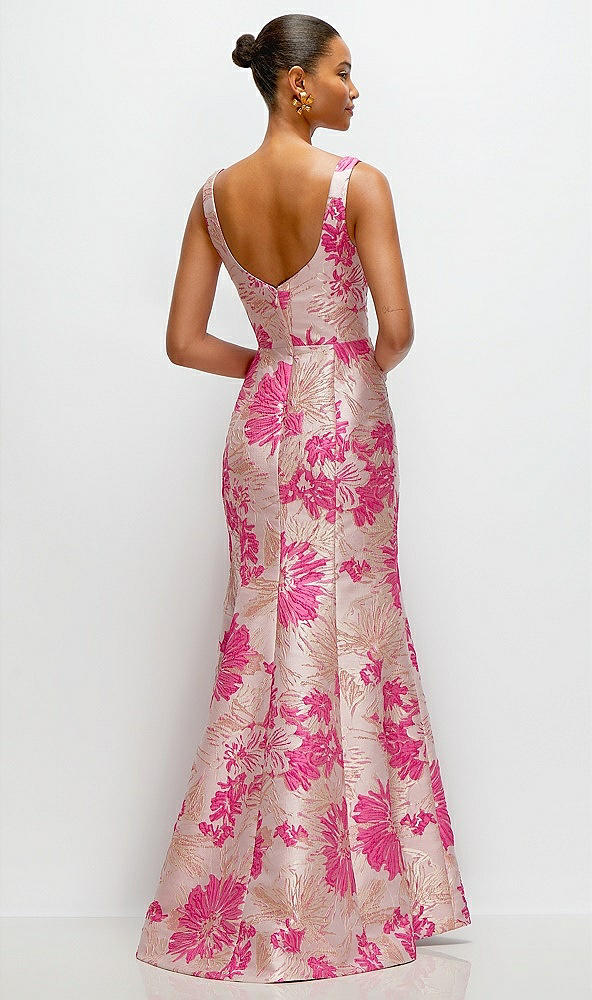 Back View - Hibiscus Pink Multi Hibiscus Pink Floral Jacquard Square Neck Maxi Dress with Trumpet Skirt