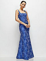 Side View Thumbnail - Cobalt Jacquard Cobalt Blue Floral Metallic Jacquard Square Neck Maxi Dress with Trumpet Skirt