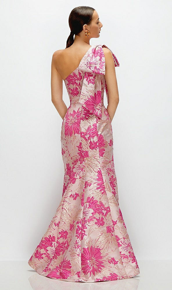 Back View - Hibiscus Pink Multi Hibiscus Pink Bow One-Shoulder Floral Jacquard Maxi Dress with Trumpet Skirt