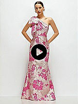 Video 1 Thumbnail - Hibiscus Pink Multi Hibiscus Pink Bow One-Shoulder Floral Jacquard Maxi Dress with Trumpet Skirt