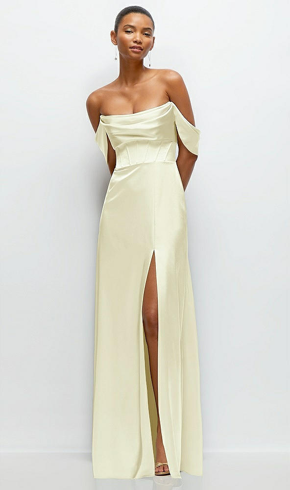 Front View - Butter Yellow A-Line Satin Maxi Dress with Convertible Off-the-Shoulder or Strapless Looks 