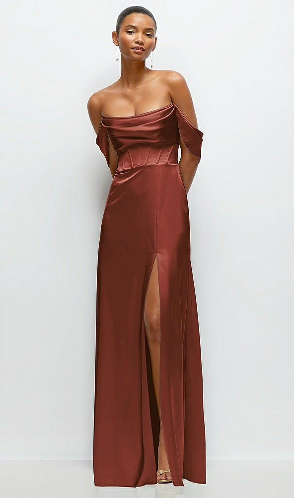 Front View - Auburn Moon A-Line Satin Maxi Dress with Convertible Off-the-Shoulder or Strapless Looks 