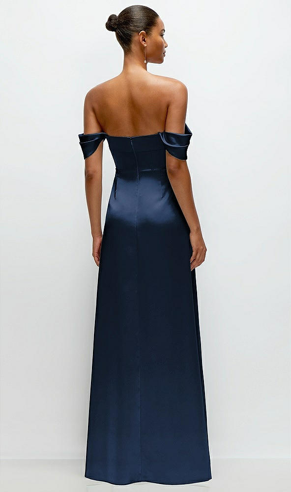 Back View - Midnight Navy A-Line Satin Maxi Dress with Convertible Off-the-Shoulder or Strapless Looks 