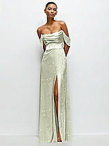 Front View Thumbnail - Vintage Primrose Celadon Floral A-Line Satin Maxi Dress with Convertible Off-the-Shoulder or Strapless Looks 