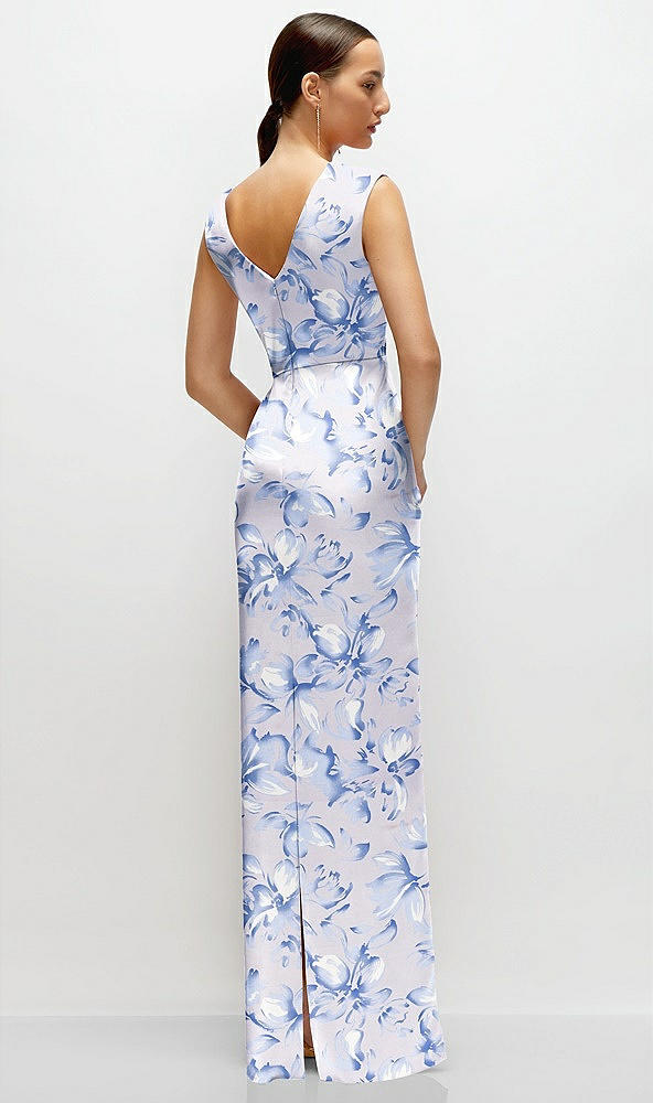 Back View - Magnolia Sky Floral High Neck Sleeveless Cap Shoulder Satin Maxi Dress