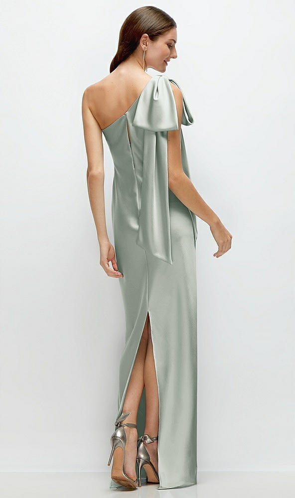 Back View - Willow Green One-Shoulder Bias-Cut Satin Maxi Dress with Cascading Shoulder Bow