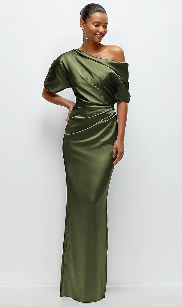 Front View - Olive Green Asymmetrical Off-the-Shoulder Pleated Satin Maxi Dress