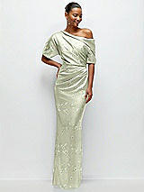 Front View Thumbnail - Vintage Primrose Celadon Asymmetrical Off-the-Shoulder Draped Floral Satin Maxi Dress