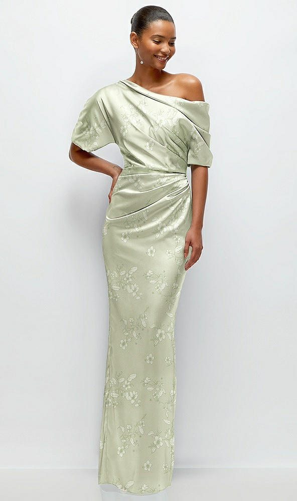 Front View - Vintage Primrose Celadon Asymmetrical Off-the-Shoulder Draped Floral Satin Maxi Dress