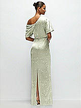 Rear View Thumbnail - Vintage Primrose Celadon Asymmetrical Off-the-Shoulder Draped Floral Satin Maxi Dress