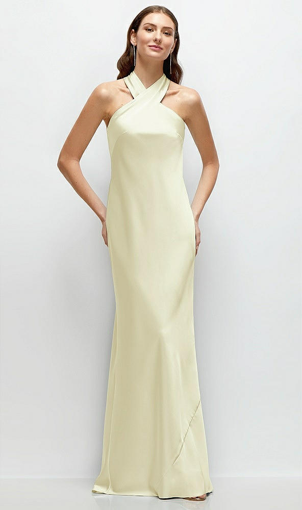 Front View - Butter Yellow Pleated Halter Bias Satin Maxi Dress with Self-Tie Bow Back